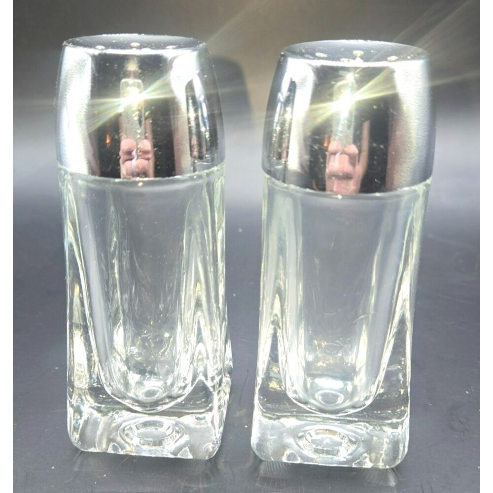 Vintage Mid-Century Modern Heavy Clear Cut Crystal & Chrome Top Salt and Pepper